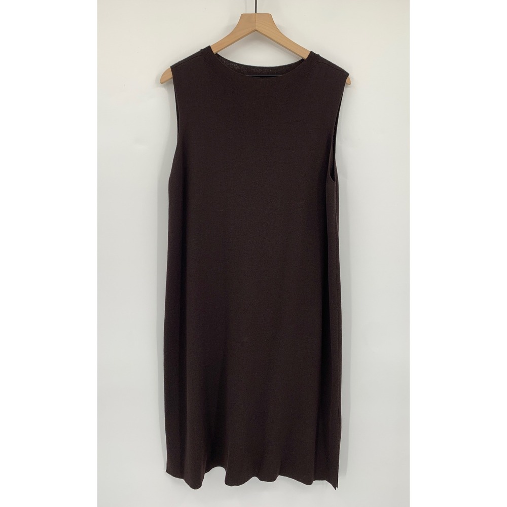 Eileen Fisher Sweater Dress Large Brown Wool Sleeveless Knit Minimalist Midi